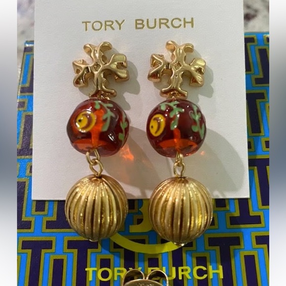 NWT Tory Burch Gold and Red Beaded dangle stud drop Earrings - Picture 3 of 4
